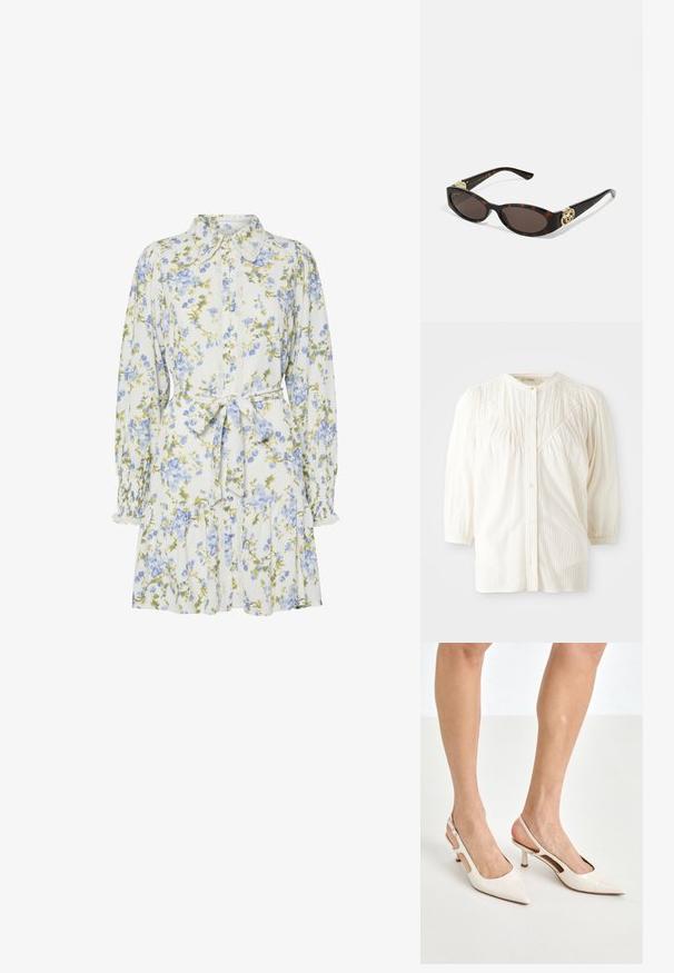 Witte geribbelde blouse met knopen, ronde kraag, geplooide schouders en lange mouwen. Bevat subtiele verticale strepen en een comfortabele pasvorm.; Bloemendress in het wit met blauwe en groene bloemen, voorzien van een kraag, knoopsluiting aan de voorkant, lange mouwen met elastische manchetten en een tailleband.; Beige gepatineerde leren slingback hakken met een spitze neus en een hak van 5 cm, met uitsparingen aan de zijkanten en een dunne enkelband.; Schildpadbril met langwerpige ovale lenzen, bruine tint, gouden logo-accenten op de pootjes en slanke zwarte armen.; Beige handtas met een patroon en een gebogen vorm, leren accenten en een goudkleurig logo aan de voorkant. Beschikt over een kort handvat voor gemakkelijk dragen.