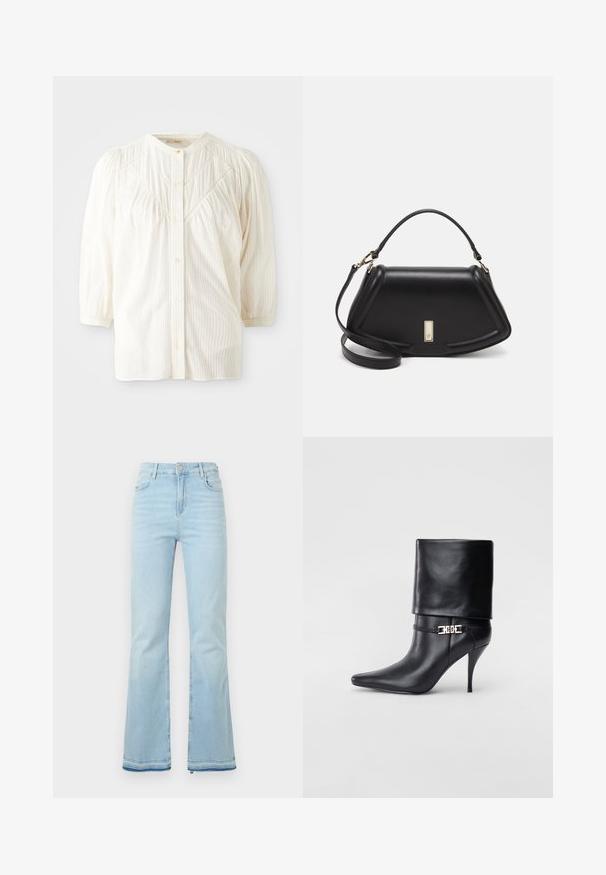 Witte geribbelde blouse met knopen, ronde kraag, geplooide schouders en lange mouwen. Bevat subtiele verticale strepen en een comfortabele pasvorm.; Lichtblauwe klokbroeken van denim, met een hoge taille, voorzakken en een ruwe zoom bij de boorden voor een casual uitstraling.; Zwarte leren enkelboot met een spitse neus, hoge stilettohak, opgevouwen manchet en een gouden decoratieve gespdetails op de enkel.; Zwarte leren handtas met een gestructureerd ontwerp, featuring een verkorte vorm, bovenhandvat en gouden hardwareaccent. Inclusief verstelbare schouderband.