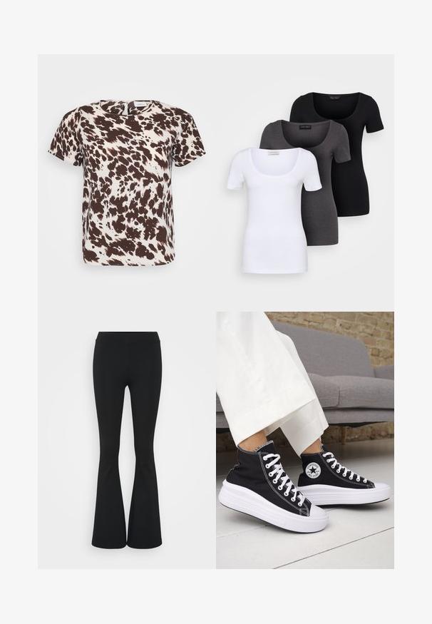 Kortärmad blus med ett brunt och krämfärgat abstrakt mönster som liknar koskinn. Den har en rundad halsringning och en avslappnad passform.; Tre åtsittande T-shirts i vitt, grått och svart. Var och en har en bred rundad halsringning och korta ärmar. Tillverkade av mjukt, stretcht tyg.; Svarta utsvängda byxor i elastiskt tyg med hög midja och en mjuk textur. Byxorna vidgar sig från knäet.; Svarta höga sneakers med vita gummisulor och snören. Har en rund logotypmärke och kontrasterande vita sömmar. Tillverkade av canvasmaterial.