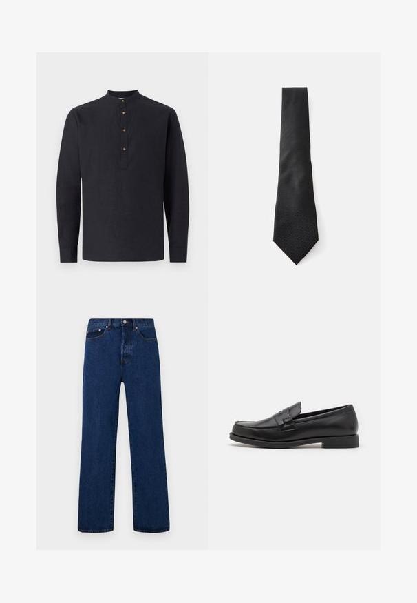 Svart langermet skjorte laget av lett stoff, med stående krage og fire brune knapper ved halsen.; Mørkeblå denimjeans med rett benkutt, med oransje søm, knapptylling og to frontlommer med kontrasterende nitter.; Sorte skinn loafers med et elegang design, rund tå, sømdetaljer og lav blokkheel. Glatt tekstur og minimale detaljer.; Sorte slips med et strukturert mønster som smalner til en spiss ende. Laget av et glatte stoff med et subtilt design. Dimensjonene virker standard.