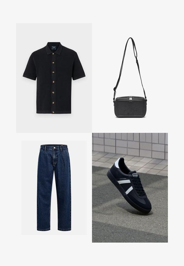 Polo a maniche corte di colore navy con tessuto strutturato, colletto e bottoni marroni lungo la parte anteriore. Orlo liscio e bordature a contrasto.; Jeans in denim blu scuro con design a gamba dritta. Presentano cuciture visibili, una chiusura con bottone e pieghe frontali per un tocco di dettaglio in più.; Sneaker neri in pelle con strisce bianche, suola in gomma texturizzata e allacciatura frontale. Presenta un'etichetta con il marchio sulla linguetta.; Borsa a tracolla nera in pelle con chiusura zip, logo impresso sul davanti e tracolla regolabile. Texture liscia con forma rettangolare.