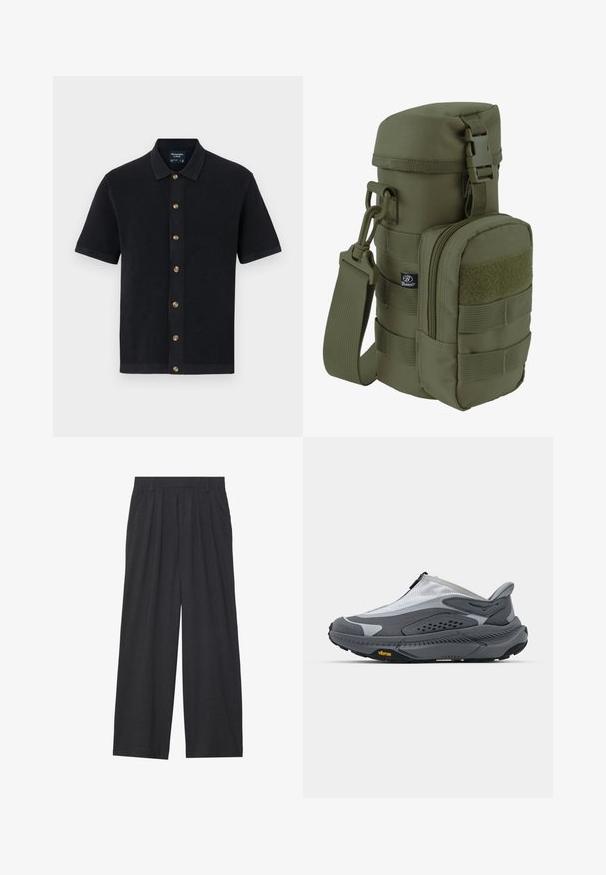 Polo a maniche corte di colore navy con tessuto strutturato, colletto e bottoni marroni lungo la parte anteriore. Orlo liscio e bordature a contrasto.; Pantaloni a gamba larga realizzati in tessuto grigio scuro. Presentano pences in vita, un design sartoriale e una silhouette dritta.; Scarpa sportiva grigia con tomaia in mesh, chiusura a zip e sovrapposizioni testurizzate. Presenta una suola Vibram per grip e durata.; Borsa cilindrica verde oliva realizzata in tessuto resistente, dotata di chiusura superiore, tasca laterale con zip, maniglia per il trasporto e cinghia regolabile.