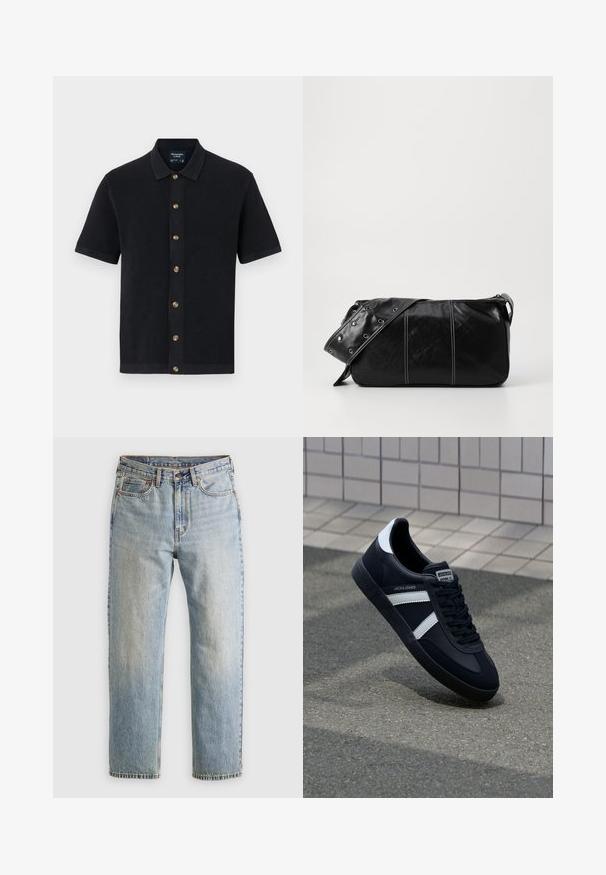 Mørkeblå kortærmet polo-shirt med tekstureret stof, krave og brune knapper foran. Glat kant og kontrasterende detaljer.; Lysblå denim jeans med høj talje, frontknap, lynlås og fem-lomme design, lagt fladt på en neutral baggrund.; Sort lædersneaker med hvide striber, tekstureret gummisål og snørrebånd foran. Har et brandet mærke på tungen.; Sort læder skuldertaske med lynlås, der har en tekstureret overflade, hvid syning og en rem med sølvøskner.