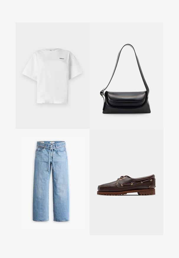 White cotton t-shirt with short sleeves, featuring a relaxed fit and black "Barbour" logo on the front left side.; Light blue denim wide-leg jeans with a high waist, button and zip closure, and a drawstring detail at the waist. Raw hem finish.; Brown leather boat shoe with gold eyelets, round laces, and a textured brown rubber sole. Features stitched detailing and a raised logo.; Black leather handbag with a structured shape, a smooth texture, and a single shoulder strap. Features a subtle, rounded flap design.