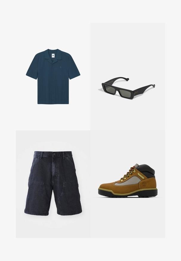 Lühikeste varrukatega tume sinine nööpidega särk, mis on valmistatud kergest kangast. Omab madalat kraed, ühte rinna logo ning sirget lõiget.; Tumedad denim lühikesed püksid, millel on sirge lõige, suured eesmist taskud ja nööbiga sulgemine; sile tekstuur ja minimaalsed õmblemise detailid.; Pruun matkajalats, millel on halli ja musta aktsentidega, tekstuuriga nahast ülemine osa, metallist silmad ja robustne kummist tald haardevuseks.; Mustad mustakäärid tumedate läätsedega, valmistatud siledast plastikust. Omab kuldset kirjapinda külgedel, sihvakad käepidemed ja modernne disain.