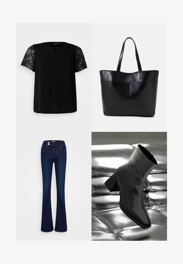 Sort top med korte blonderærmer, rund hals med nøglehul detalje og en afslappet pasform. Glat stof med blomsterlacemateriale.; Mørkeblå, flagrende jeans med høj talje, to frontlommer og to knaplukninger. Fremstillet af denim med en glat tekstur.; Sorte ankelstøvler lavet af glossy materiale med firkantet tå og spidse hæle, sat mod en skinnende sølv tuftet baggrund.; Sort læder tote taske med to lange håndtag, en glat tekstur og en struktureret form. Har en forlommem for ekstra opbevaring.; Sølvmetal øreringe med et bølgende, skulpturelt design, der har en poleret overflade og uregelmæssige former, hvilket fremhæver en moderne æstetik.
