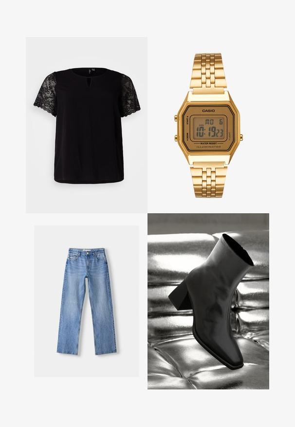 Fekete felső rövid csipke ujjakkal, kerek nyakkal, kulcslyuk részlettel és laza szabással. Simább anyag virágos csipke díszítéssel.; Világoskék farmernadrág egyenes lábakkal, öt zsebbel, elől gombos záródással és finom kopásokkal a textúra érdekében.; Fekete bokacsizma fényes anyagból, négyzetes orral és szűkített sarkú, egy csillogó ezüst kárpitozott háttér előtt.; Arany színű digitális óra téglalap alakú számlappal, LCD kijelzővel, rozsdamentes acél szíjjal és oldalsó gombokkal. Vízálló felirat található rajta.; Ezüst fém fülbevalók hullámos, szobrászati kialakítással, fényes felülettel és szabálytalan formákkal, amelyek a kortárs esztétikát hangsúlyozzák.