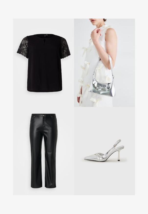 Svart topp med korte blondererm, rund hals med nøkkelhulldetalj og avslappet passform. Glatt stoff med blomsterblonde detaljer.; Svarte falske skinnbukser med rett snitt, med beltehemper, frontlommer, og glidelås med knappelukking. Glatt tekstur.; Sølv slingback høyhelte sko med spiss tå, metallisk finish, to dekorative stropper, og en slank hæl med svart tupp.; Sølvmetallisk håndveske med en strukturert form, med en topphåndtak og sløyfedetalj foran. Glatt tekstur, reflekterende overflate.