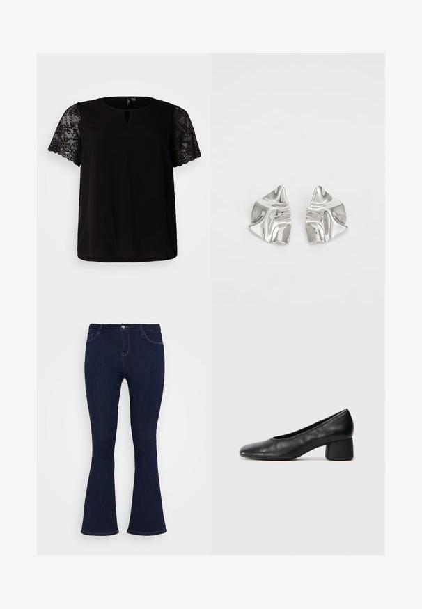 Schwarzes Oberteil mit kurzen Spitzenärmeln, Rundhalsausschnitt mit Schlüssellochdetail und lockerer Passform. Glattes Material mit floralen Spitzenakzenten.; Dunkelblaue, hoch taillierte Jeans aus Denim mit schmalem Oberschenkel und leicht ausgestelltem Beinende, ausgestattet mit Fronttaschen und einem Knopfverschluss.; Schwarze Lederpumps mit runder Zehenpartie und mittelhohem Blockabsatz. Glatte Textur mit minimalen Details, ausgestattet mit einem dezenten elastischen Einstieg.; Silberne Metallohrringe mit einem wellenförmigen, skulpturalen Design, das eine polierte Oberfläche und unregelmäßige Formen aufweist, die eine zeitgenössische Ästhetik betonen.