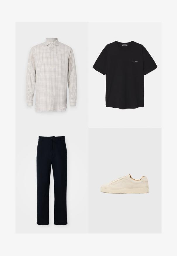 Camicia a maniche lunghe di colore beige chiaro con un motivo a quadri. Presenta un colletto alla francese e chiusure a bottoni, con bottoni in tonalità oro e una vestibilità rilassata.; T-shirt in cotone nero con collo rotondo, maniche corte e stampa bianca del logo sul lato sinistro del petto. Design semplice e monocromatico.; Pantaloni color blu navy in cotone, con design a gamba dritta, chiusura con bottone frontale e vita classica con passanti per cintura.; Sneaker in suede beige con design a basso profilo, punta rotonda, lacci piatti e suola in gomma testurizzata. Stile minimalista senza loghi visibili.