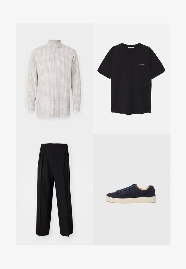 Hosszú ujjú ing világos bézs színben, kockás mintával. Előnye a szélesített gallér és a gombos záródás, arany színű gombokkal és laza fazonnal.; Fekete pamut T-shirt kerek nyakkivágással, rövid ujjakkal, és fehér logónyomattal a bal mellrészen. Egyszerű, egyszínű dizájn.; Fekete, pliszírozott nadrág, egyenes, széles lábakkal. Sima anyagból készült, gombos záródással és övhurkokkal rendelkezik.; Tengerészeti suède alacsony szárú sportcipő kerek orral, törtfehér gumitalppal és hozzá illő fűzőszerkezet; kontrasztos barna belső béléssel rendelkezik.