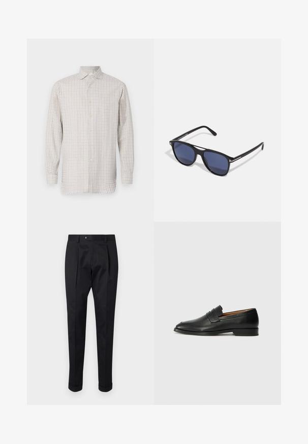 Chemise à manches longues en beige clair avec un motif à carreaux. Dotée d'un col large et de fermetures à boutons, avec des boutons dorés et une coupe décontractée.; Pantalons noirs en tissu lisse, avec un pli à l'avant, une fermeture à bouton et des ourlets roulés à la cheville.; Mocassin en cuir noir avec un bout arrondi, des coutures subtiles et un talon bas, présentant une texture lisse et un design minimaliste.; Lunettes de soleil avec une monture en plastique noir, verres teintés en bleu, forme légèrement arrondie et accents en métal argenté sur les branches.