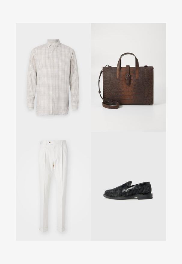 Dlhý rukáv košele vo svetlo béžovej farbe s károvaným vzorom. Má rozšírený golier a zapínanie na gombíky, so zlatými gombíkmi a uvoľneným strihom.; Biele, prispôsobené nohavice s plochým predným dielom, dvoma záhybmi a zrolovanými manžetami. Vyrobené z hladkej tkaniny s gombíkovým zapínaním v páse.; Čierne tkané slip-on topánky s hladkým koženým akcentom na vrchnej časti, s okrúlym dizajnom špičky a nízkoprofilovou gumovou podrážkou.; Hnedá kabelka z kože s embosovaným vzorom krokodíla, vybavená hornými držadlami a odnímateľným ramenným popruhom. Má prackové zapínanie a obdĺžnikový tvar.