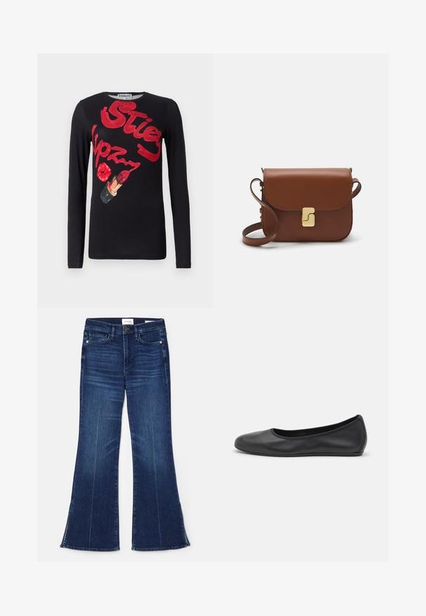 Černé tričko s dlouhými rukávy a grafickým potiskem, který obsahuje červený text a ilustraci rtěnky. Hladký bavlněný materiál, klasický design s kulatým výstřihem.; Tmavě modré zvonové džíny vyrobené z denimu. Mají vysoký pas, přední kapsy a rozparky na lemu. Klasický design s pěti kapsami.; Černé kožené baletní byty s kulatou špičkou, hladkou texturou, minimálními švy a flexibilním designem podrážky.; Hnědá kožená kabelka s klopou, zlatými kovovými detaily, ramenním popruhem a hladkým povrchem. Kompaktní obdélníkový tvar.