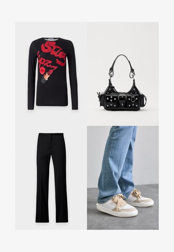 Pikad varrukad must T-särk, millel on graafiline print, kus on punane tekst ja huulepulkade illustratsioon. Sile puuvillane materjal, klassikaline ümmargune kaelus.; Mustad sirgedestikuga püksid sileda materjaliga, millel on lame eesmine osa, vöörihmade aasad ning nähtamatud taskud või dekoratiivsed elemendid.; Valged ja beežid tennisekud tekstuursete paneelidega, beežide paeltega ja kummitald, koos helesiniste teksadega.; Must värvi nahast käekott, millel on kaarjas disain, hõbedased nupukesed, kinnitusahe ja kaks külgtaskut. Reguleeritav rihm erinevate kandmisvõimaluste jaoks.