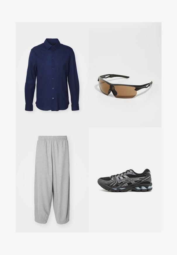 Camisa de manga larga en color azul marino oscuro, hecha de tela suave. Cuenta con un cuello clásico, cierre de botones en la parte frontal y un dobladillo redondeado.; Camiseta de algodón blanca con mangas cortas, cuello redondo y sutil logo de Levi's impreso en el centro. Textura suave y ajuste estándar.; Pantalones de chándal sueltos de color gris claro, confeccionados en tejido suave. Cintura elástica y puños en los tobillos. Diseño simple y sin adornos.; Zapatilla deportiva negra con parte superior de malla, detalles plateados y suela acolchada. Presenta un diseño con cordones y una suela texturizada para mayor agarre.; Gafas de sol deportivas con montura negra, lentes tintados en marrón y acentos texturizados en negro en las patillas. Diseño ligero y aerodinámico.