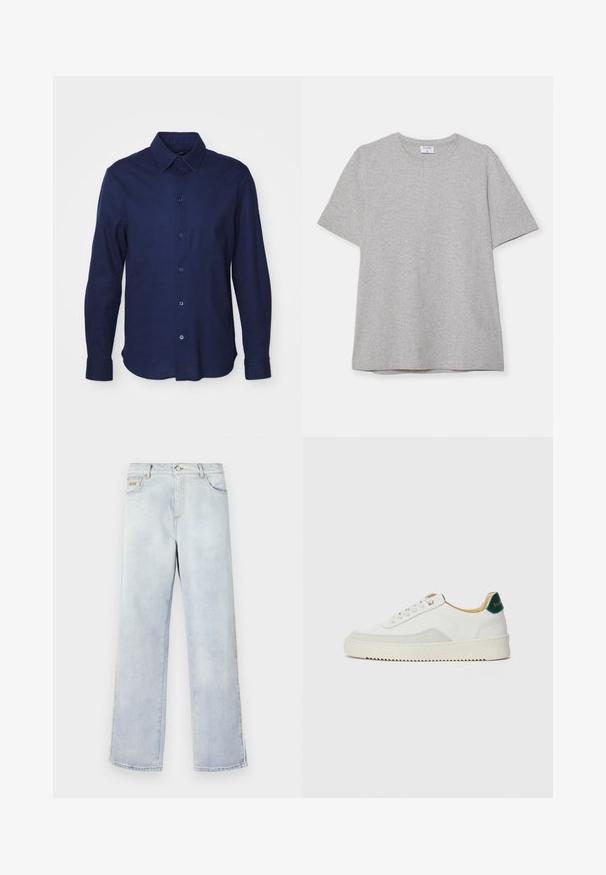 Langarm overhemd in donker marineblauw, gemaakt van zachte stof. Kenmerkt zich door een klassieke kraag, knoopsluiting aan de voorkant en een ronde zoom.; Grijze T-shirt met korte mouwen, gemaakt van zacht, textuurstof. Heeft een klassieke ronde hals en een rechte zoom, geschikt voor casual dragen.; Lichtblauwe denim jeans met een recht gesneden ontwerp, voorzien van een knoopsluiting, vijf zakken en contrasterende stiksels.; Witte sneaker met suède accenten, ronde neus, platte veters en een crème rubberen zool. Bevat groene branding op de hiel.