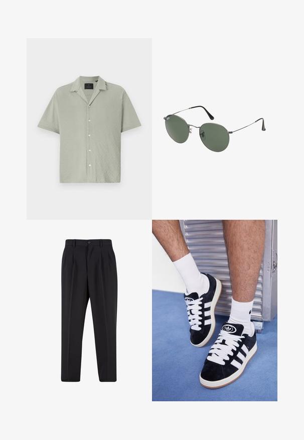 Korte mouw, knoopsluiting overhemd in lichtgroen, met een gestructureerde stof met een ruitpatroon, voorzien van een opstaande kraag en een sluiting met knopen aan de voorkant.; Witte katoenen t-shirt met korte mouwen, ronde hals, relaxte pasvorm en zonder zichtbare logo's of patronen. Gladde textuur en minimalistisch ontwerp.; Zwarte broek met een geplooid design aan de voorkant, gemaakt van soepel stof. Voorzien van een knoopsluiting en riemlussen; rechte pasvorm.; Zwarte suède sneakers met witte veters en drie witte strepen. Heeft een cirkelvormig zwart logo op de tong en een gumrubberen zool.; Metalen zonnebril met ovale groene lenzen. Dunne zilveren metalen rand en zwarte oorstoppers. Minimalistisch ontwerp, zonder zichtbare logo's.