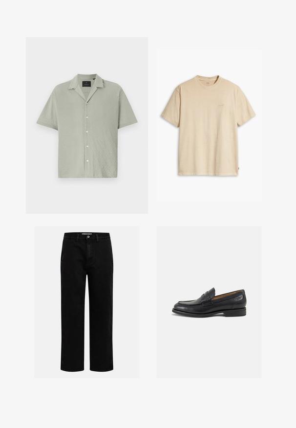 Šviesiai žalios spalvos, trumpomis rankovėmis ir tekstūruotu audiniu, puoštas rombo raštu, mygtukų užsegimu priekyje ir su išpjautomis apykaklėmis.; Kreminė medvilninė marškinėliai su apvalia iškirpte ir trumpomis rankovėmis. Ant krūtinės yra subtilus „Levi's“ logotipas tos pačios spalvos. Minkšta tekstūra.; Juodi džinsai su tiesiu kirpimu, klasikinio penkių kišenių dizainu ir mygtuko užsegimu juosmens zonoje. Lygus tekstūras ir patvari medžiaga.; Juodi odiniai loafersai su lygiu paviršiumi, apvaliu pirštu ir dekoratyvine siūlė viršuje. Žemas sustiprintas kulnas ir lengvas blizgesys.