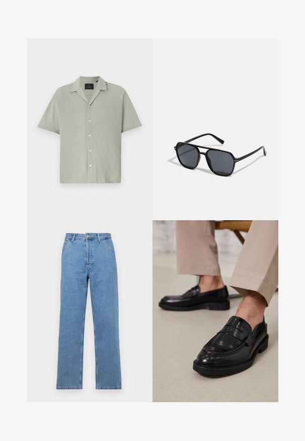 Short-sleeve button-up shirt in light green, textured fabric with a diamond pattern, featuring a notched collar and front button closure.; Light blue denim straight-leg jeans with a classic five-pocket design, featuring a front button closure and belt loops. Smooth texture.; Black leather loafers with a smooth finish, featuring a decorative strap and contrast stitching, paired with beige trousers.; Black sunglases with octagonal frame, dark lenses, glossy finish, thin temples, and gold accents on the front.