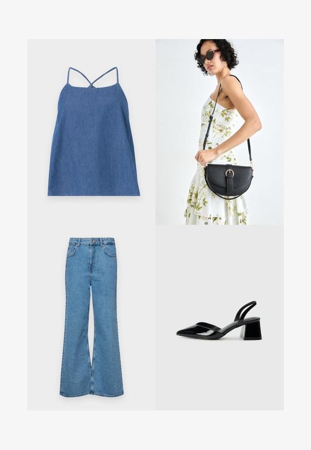 Tumesinine teksast ilma varrukateta pluus. Omab õhukesi rihmasid, vaba lõike ning sirget äärt. Sile tekstuur, millel on kerge sära.; Heledad sinine flared teksade rõivad, millel on kõrge talje, viis taskut ja üks nupulukk. Pehme tekstuur ja pleekinud viimistlus.; Mustad musta lakknahk kingad, millel on terav varvas ja geomeetriline plokkkonts. Omab elegantselt minimalistlikku disaini ja sujuvat tekstuuri.; Mustmust mustraha kõverate joontega, eemaldatava rihmaga ja kuldsete detailidega. Kotil on klapp, millel on pandladetail.