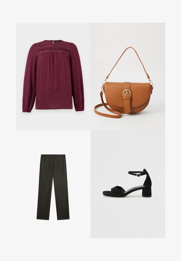 Burgundy blouse with long sleeves, round neckline, and gathered detailing at the chest. Smooth fabric with subtle texture and soft draping.; Dark green, wide-legged trousers with a smooth texture, elastic waistband, and side pockets. Simple design with no visible patterns or hardware.; Black suede heeled sandals with a thin ankle strap, open toe design, and a modest block heel. Smooth texture and minimal accents.; Brown leather crossbody bag with a curved shape, gold hardware, and a buckle accent. Features a detachable shoulder strap.