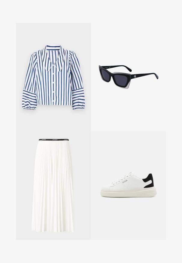 Sinine ja valge triibuline särk, mis on valmistatud kergest kangast, suure krae, nööpidega ees ja kokku volditud varrukate ning voolavates mansettides.; Kurtitudega valge seelik musta elastse vööga, millel on "LACOSTE" logo. Keskmise pikkusega disain pehme tekstuuriga.; Valged nahast tennisetossud paksu valge tallaga, musta sametist kontsakeeuga ja külje peal riigilogo reljeefne kujundus. Lukkeskeem kuue silmaauguga.; Mustad suured mustad prillid geomeetrilise kujuga, tumedate läätsedega ja kontrastse halli detailiga raamidel. Logo käe peal.