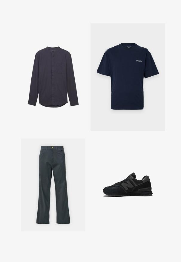 Mørkeblå langærmet skjorte med båndkrave, frontåbning med knapper, brystlomme og struktureret stof. Har en buet kant.; Marineblå bomulds T-shirt med rund hals og korte ærmer. Har hvid "Club1990" tekst på venstre brystområde. Enkel design.; Sorte bukser med lige ben, lavet af en bomuldsblandingsstof. Har en metalknaplukning og sidelommer. Ingen synlige mønstre.; Sort sneaker med en overdel i ruskind og mesh, tyk sål og et fremtrædende 'N' logo på siden. Strukturdesign med snørebåndslukning.