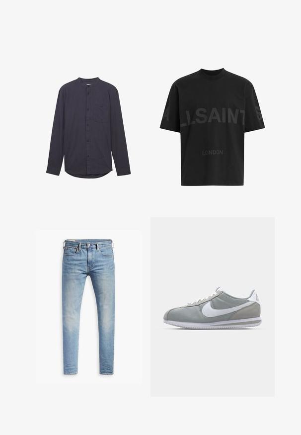 Mørkeblå langærmet skjorte med båndkrave, frontåbning med knapper, brystlomme og struktureret stof. Har en buet kant.; Sort oversized T-shirt med mørkegrå "ALLSAINTS" tekst på tværs af brystet og "LONDON" i mindre bogstaver nedenfor.; Lyseblå slim-fit jeans med let slid på lårene, frontlukning med knap, bæltestropper og fem lomme-design på en hvid baggrund.; Grå atletisk sko med overdækning i ruskind og tekstil, hvid Nike swoosh og hvide snørebånd. Har en struktureret gummisål og polstret krave.
