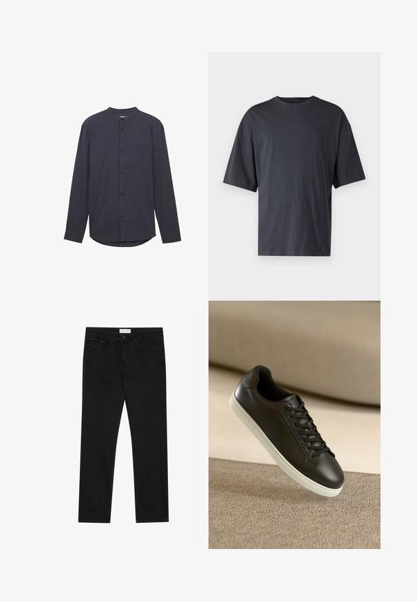 Mørkeblå langærmet skjorte med båndkrave, frontåbning med knapper, brystlomme og struktureret stof. Har en buet kant.; Mørkegrå kortærmet t-shirt lavet af letvægtsbomuld, med en løs pasform og klassisk rund halsudskæring, uden mønstre og med ensartet tekstur.; Sorte lige ben jeans med fem-lomme design, knap- og lynlåslukning samt et Pier One mærkeetiket på taljen.; Sort lædersneaker med hvid gummisål og sorte snørebånd, placeret mod en beige stofoverflade og baggrund.