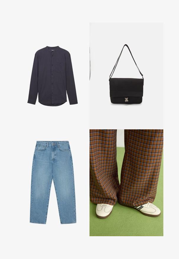 Tumši zils garām piedurknēm krekls ar joslu apkakli, priekšējo pogu aizdari, krūšu kabatu un teksturētu audumu. Iezīmēts ar izliekumu apakšmalā.; Gaiši zili denim auduma platgala bikses ar augstu jostasvietu, ar piecām kabatām, jostu cilpām un mīkstu, nedaudz nodilušu tekstūru.; Brūni un zili rūtaini platās kājas bikses, kas savienotas ar baltām kurpēm ar melniem akcentiem un teksturētām zolēm, uz zaļa fona.; Melna sūtītāja soma, izgatavota no gludas materiāla, ar nolocamu vāku, sudraba sprādzi un regulējamu plecu siksnu.