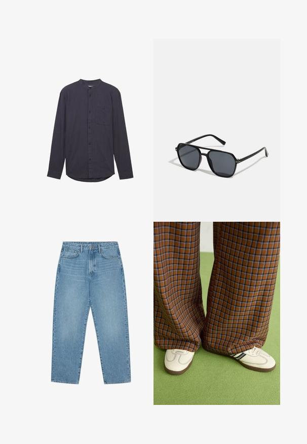 Temno modra dolga majica z ovratnikom, sprednjo zadrgo, žepom na prsih in teksturirano blago. Ima ukrivljen rob.; Svijetloplavi traper široki traperice s visokim strukom, s pet džepova, petljama za remen i mekom, pomalo izblijedjelom teksturom.; Rjave in modre kariraste hlače širokih nogavic, v kombinaciji z belimi čevlji, ki imajo črne poudarke in teksturirane podplate, na zeleni podlagi.; Črne sončne naočniki z oktagonalnim okvirjem, temnimi lečami, sijočo površino, tankimi nogicami in zlatimi detajli spredaj.