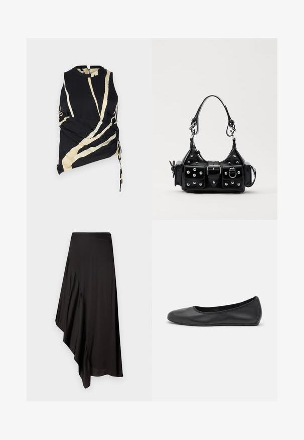 Black sleeveless top with cream diagonal stripes. Features side ruching and a high neckline. Lightweight fabric with a smooth texture.; AERON ASTER SKIRT - Pencil skirt - black; Black leather ballet flat with a rounded toe, smooth texture, minimal stitching detail, and a flexible sole design.; Black leather handbag with a curved design, featuring silver studs, a buckle, and two side pockets. Adjustable strap for carrying options.
