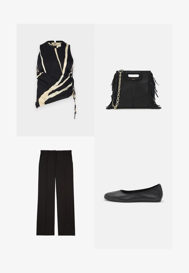 Fekete ujjatlan felső krémszínű átlós csíkokkal. Oldalsó redőzéssel és magas nyakkivágással rendelkezik. Könnyű anyagból készült, sima tapintású.; Fekete, sima anyagból készült, szabott nadrág, egyenes vonalú szabással és két oldalsó zsebbel. Elegáns és minimalista kialakítás.; Fekete bőr balettcipő lekerekített orral, sima tekstúrával, minimális varrással és rugalmas talp kialakítással.; Fekete bőr kézitáska, frufrus részletekkel, arany láncos vállpánttal és kivágott fogantyúval. Az elülső részen logó található.