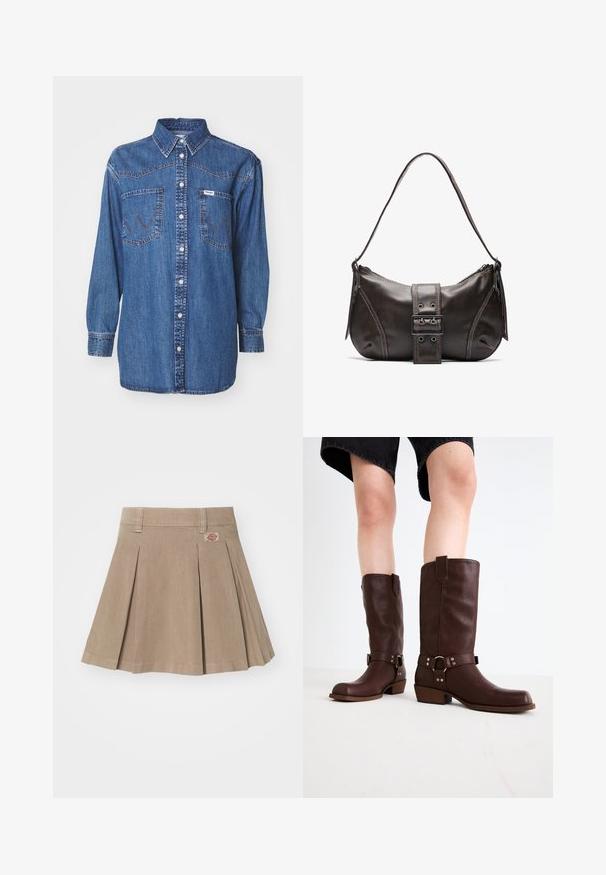 Denim shirt in dark blue, with long sleeves, button-down front, two chest pockets, and contrasting stitching. Classic western style.; Beige pleated skirt made from a textured fabric. Features a waistband with belt loops and a logo patch on the front left side.; Brown leather knee-high boots with a rounded toe, textured surface, ankle strap, and silver hardware detail; stacked heel.; Brown leather shoulder bag with a curved shape, featuring a prominent buckle detail, contrasting stitching, and a single shoulder strap.