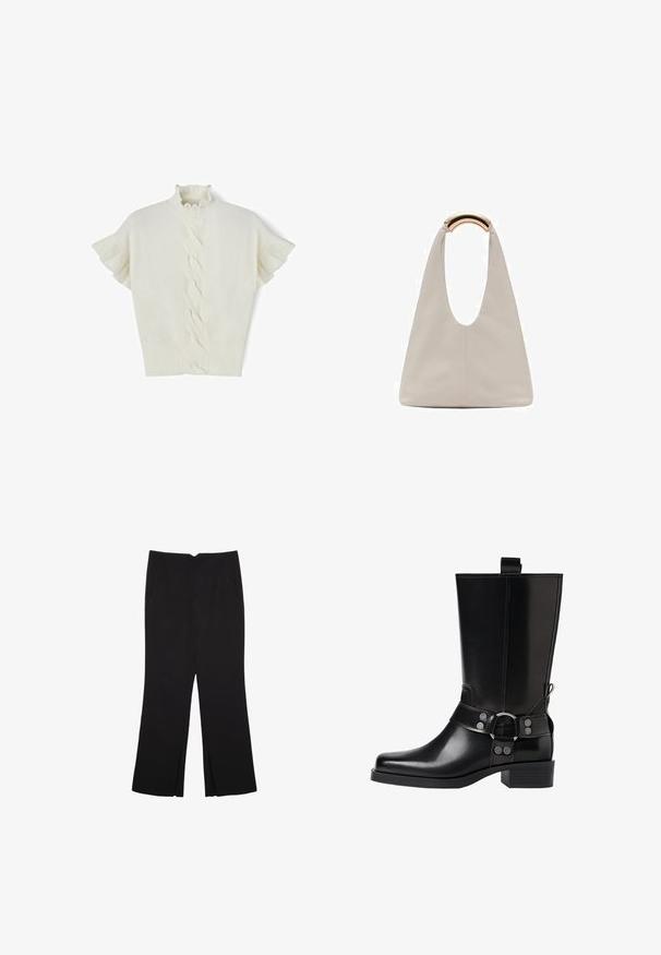 Weißer kurzärmeliger Pullover aus Kabelstrick mit einem gerafften Stehkragen und geripptem Saum. Weiche Textur, glatte Oberfläche und ein markantes gewebtes Muster in der Mitte.; Schwarze Hose mit geradem Schnitt, ausgestattet mit Fronttaschen und Seitenschlitzen am Saum. Hergestellt aus weichem, glattem Stoff. Geeignet für verschiedene Anlässe.; Schwarze Lederstiefel bis zum Knie mit spitzer Zehenform, silbernen Schnallenakzenten und einem klobigen Absatz. Verfügt über eine Zuglasche für einfaches Anziehen.; Hellgraue Lederhandtasche mit einem U-förmigen Design und einem geschwungenen, metallischen Griff. Glatte Textur mit minimalen Nähten und ohne sichtbare Muster.