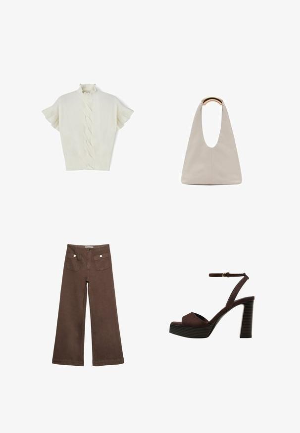 Biały sweter krótki rękaw z dzianiny w warkocze, z falbaną pod szyją i prążkowanym wykończeniem. Miękka tekstura, gładkie wykończenie oraz charakterystyczny wzór w tkaniu wzdłuż środka.; Czerwone spodnie typu wide-leg wykonane z bawełny, z dwoma przednimi kieszeniami zapinanymi na srebrne guziki oraz gładką fakturą.; Brązowe zamszowe sandały na wysokim obcasie z odkrytymi palcami, regulowanym paskiem na kostce i paskowatą podeszwą.; Jasnoszara skórzana torba o kształcie litery U z zakrzywionym metalowym uchwytem. Gładka tekstura z minimalnymi szwami i bez widocznych wzorów.