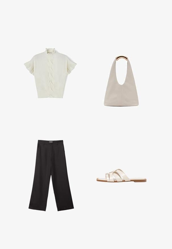 Biały sweter krótki rękaw z dzianiny w warkocze, z falbaną pod szyją i prążkowanym wykończeniem. Miękka tekstura, gładkie wykończenie oraz charakterystyczny wzór w tkaniu wzdłuż środka.; Czarne spodnie z szerokimi nogawkami, wykonane z gładkiego materiału, z przednim zamkiem błyskawicznym i dwoma bocznymi kieszeniami, o dopasowanym kroju i minimalistycznym wzornictwie.; Płaskie sandały z brązową gumową podeszwą, zaprojektowane z trzema nakładającymi się na siebie białymi skórzanymi paskami i małym detalem w postaci kokardy na środku.; Jasnoszara skórzana torba o kształcie litery U z zakrzywionym metalowym uchwytem. Gładka tekstura z minimalnymi szwami i bez widocznych wzorów.