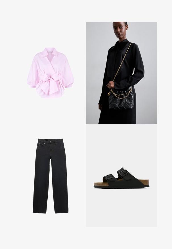 Rosa Baumwollbluse mit Wickeldesign, weiten Ärmeln und einer vorderen Schleife. Mit Kragen und glatter Textur.; Schwarze weit geschnittene Jeans aus Denim, mit fünf Taschen, einem Knopfverschluss, dezenten Nähten und einem geraden Schnitt von der Taille bis zum Saum.; Schwarze Sandale mit zwei verstellbaren Schnallen, einem Korkfußbett und einer strukturierten Gummisohle. Sie zeichnet sich durch ein minimalistisches Design und einen offenen Zehenstil aus.; Schwarze gesteppte Ledertasche mit einem gerafften oberen Teil, goldfarbener Kettenriemen und rechteckiger Form, vor einem schlichten Hintergrund gehalten.