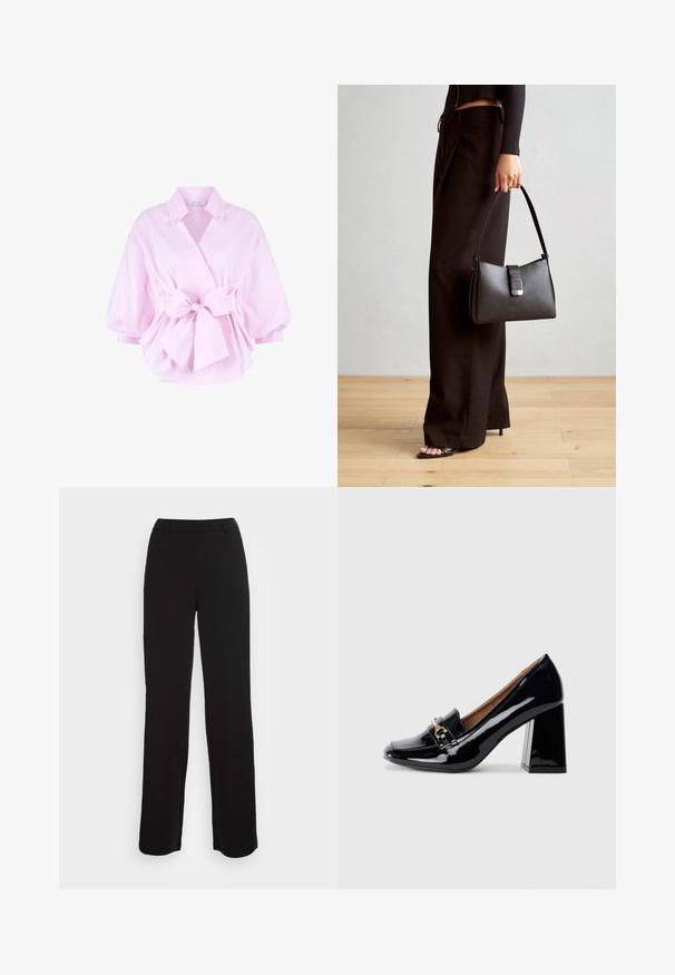 Rosa Baumwollbluse mit Wickeldesign, weiten Ärmeln und einer vorderen Schleife. Mit Kragen und glatter Textur.; Schwarze Hose mit geradem Bein, glatter Textur und enganliegendem Bund. Verfügt über Fronttaschen und minimalen Nähdetails.; Schwarzer Lackleder-Pumps mit spitzer Zehenform und Blockabsatz. Verfügt über einen dekorativen Riemen und eine Schnallendetail auf dem Vorderblatt.; Schwarze Handtasche mit strukturierter Form, glatter Textur und einem metallischen Verschluss. Kombiniert mit weiten schwarzen Hosen und offenen Sandalen auf einem Holzboden.