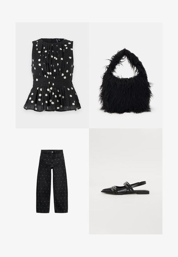 Czarna bezrękawnikowa bluzka w białe kropki, z plisowanym fasonem i peplum. Materiał wydaje się lekki i teksturowany. Zamek błyskawiczny z tyłu.; Czarne dżinsy o szerokich nogawkach z wzorem małych srebrnych grommetów, z klasycznym pięciokomorowym krojem i zapięciem na guziki.; Even&Odd - Baleriny; Even&Odd - Torba na zakupy