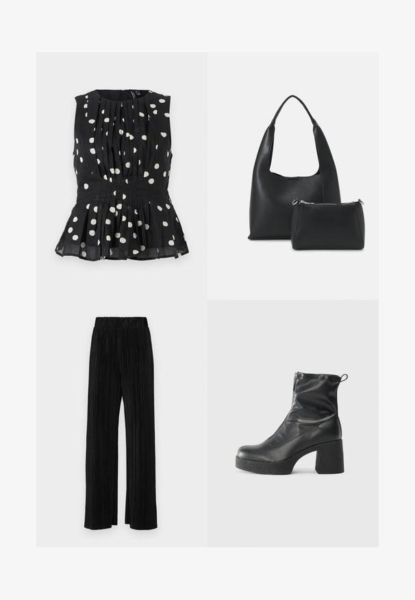 Melnas bezpaloku blūzes ar baltām punktiņām, ar plisētu dizainu un pepluma apakšmalu. Audums izskatās viegls un ar tekstūru. Aizmugures rāvējslēdzēja aizdare.; Melni plīšu bikses ar elastīgu jostu. Tām ir platākas kājas un gluda, teksturēta auduma ar vertikālām svītrām.; Melni potītes zābaki, kas izgatavoti no gludas ādas, ar sānu rāvējslēdzēju, masīvu strukturētu papēdi un noapaļotu purngalu.; Even&Odd Rokassoma - black