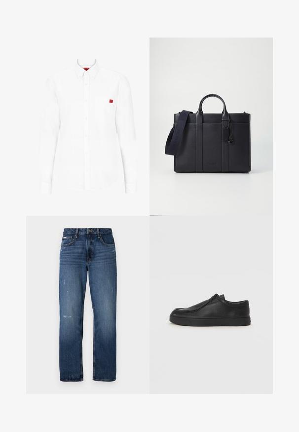 Chemise blanche à manches longues en coton, avec un col boutonné, une poche poitrine et un petit badge logo rouge sur la poitrine.; Jeans en denim bleu avec une coupe droite. Présente des zones décolorées et un léger effet usé à l'avant, avec une fermeture classique à boutons.; Chaussure noire en cuir à enfiler avec un bout arrondi, des détails cousus et une semelle en caoutchouc noire. Texture lisse avec un design minimaliste.; Malette en cuir bleu marine foncé avec deux poignées supérieures et une sangle détachable. Présente une finition texturée, des coutures verticales et un détail de logo.