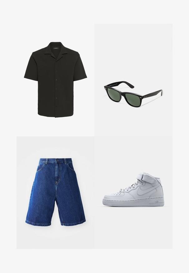 Korte mouwen zwart shirt van een gestructureerde stof, met knoopsluiting en een gesneden kraag; heeft een relaxte pasvorm en een rechte zoom.; Denim shorts met een blauwe wassing, met een hoge taille, twee zakken aan de voorkant en gele stiksels langs de naden.; Grijze Nike Air Force 1 sneakers met hoge bovenkant, leren bovenwerk, gewatteerde kraag en een klittenbandsluiting. Iconisch ontwerp met geperforeerde toe box.; Zwarte plastic zonnebril met groene lenzen, vierkante montuur, zilveren accent op de wenkbrauw en een gestructureerde tempel. Merken vermeld op de binnenkant van de arm.