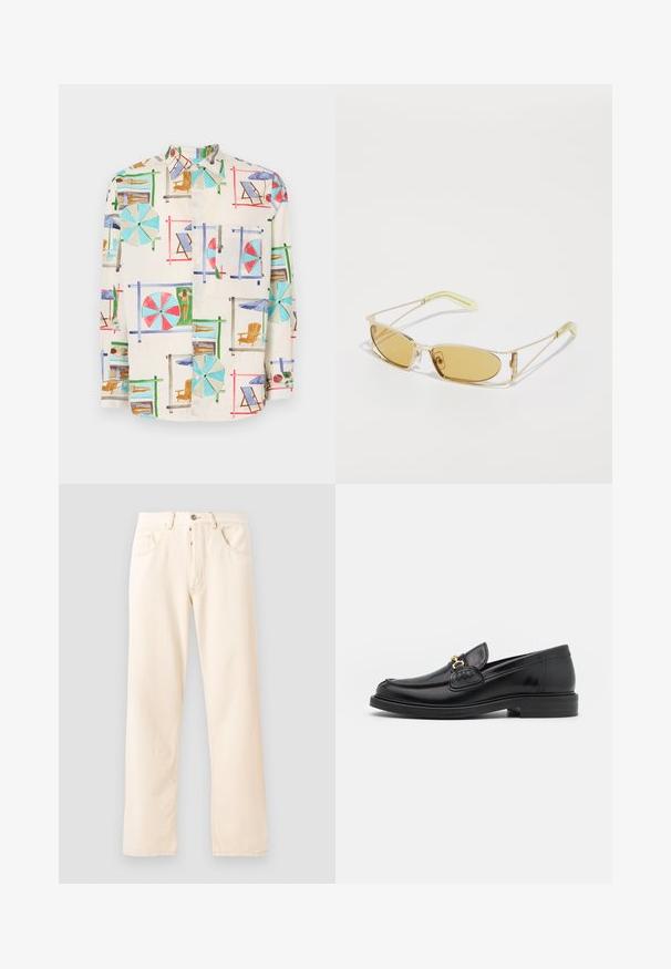 Lyhythihainen nappipaitoja kevyestä kankaasta, jossa on värikäs ranta-aiheinen printti, jossa on sateenvarjoja, tuoleja ja auringonpalvojia.; Kolme hihattomaa toppia valkoisena, harmaana ja mustana. Jokaisessa on klassinen hihaton muotoilu, ja ne on valmistettu kevyestä puuvillakankaasta, jossa on ribbausrakenne.; Vaaleanbeiget farkut, joissa on suora lahje, viisi taskua ja etupainikekiinnitys. Ompeleet näkyvät saumoissa.; Musta nahkainen loafers-tyylinen kengät, joissa on pyöreä kärki, kultaiset yksityiskohdat ja ompelutiedot, asetettu matalalle, teksturoidulle kumipohjalle.; Keltainen sävyisät aurinkolasit, joissa on läpinäkyvä kultakehys, kapea suorakulmainen muoto ja kulmikkaat varret, joissa on vaaleanvihreitä yksityiskohtia.