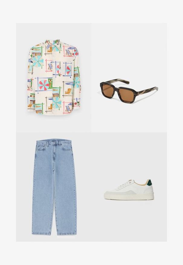 Krátky rukáv košele na gombíky z ľahkej tkaniny s farebnou potlačou plážovej scény, na ktorej sú slnečníky, stoličky a opalovači.; Svetlomodré denimové džínsy s rovnými nohavicami, s polovysokým pásom, piatimi vreckami a zapínaním na gombík a zips.; Biele tenisky s semišovými akcentmi, zaoblenou špičkou, plochými šnúrkami a krémovou gumovou podrážkou. Na päte sú zelené značky.; Plastové slnečné okuliare s korytnačím vzorom, octagonálne hnedé šošovky a tenké zlaté akcenty na ráme.; Vivienne Westwood CITY BUMBAG UNISEX - Ľadvinka - black