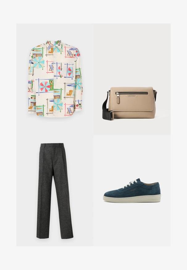 Košile s krátkým rukávem v lehkém materiálu, s barevným potiskem plážové scény se slunečníky, židlemi a opalujícími se lidmi.; Šedé kalhoty na míru vyrobené z texturované tkaniny, s dvěma předními záhyby a rovnými nohavicemi. Bez viditelných kapes nebo ozdob.; Modré semičkové tenisky s kulatou špičkou, bílými tkaničkami a gumovou podrážkou. Obsahují jemné švy a značkový akcent na boku.; Béžová kožená kabelka přes tělo s texturovaným povrchem, obsahující přední kapsu na zip a nastavitelné černé ramínko. Logo umístěné vpředu.