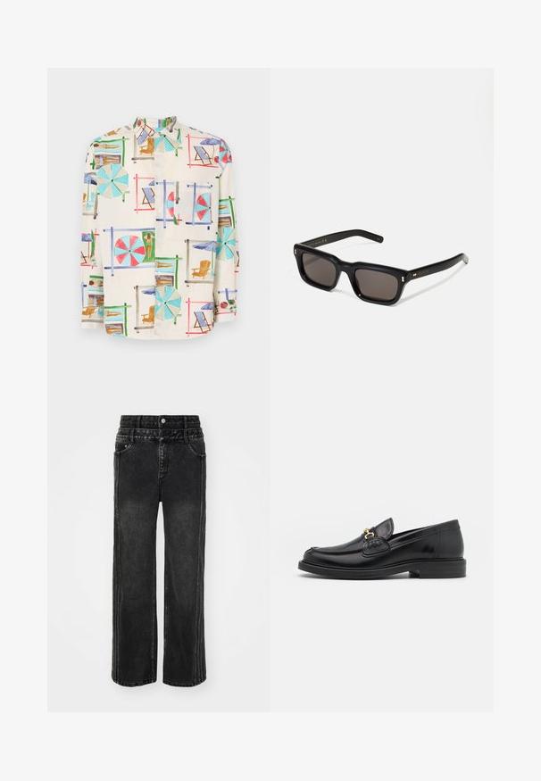 Short-sleeve button-up shirt in lightweight fabric, featuring a colorful beach scene print with umbrellas, chairs, and sunbathers.; Wide-leg black denim jeans with a faded finish, featuring a button closure, five pockets, and contrasting stitching along the sides.; Black leather loafers with a rounded toe, featuring gold hardware accent and stitching detail, set on a low, textured rubber sole.; Black rectangular sunglasses with dark lenses, thick plastic frame, gold accents on temples, and brand logo engraved on the arm.