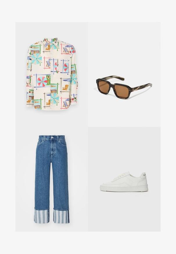 Chemise à manches courtes avec boutons en tissu léger, ornée d'un imprimé coloré représentant une scène de plage avec des parapluies, des chaises et des baigneurs.; Jean en denim à jambes larges en bleu moyen, avec un ourlet à rayures verticales bleues et blanches. Design classique à cinq poches avec une fermeture à bouton.; Baskets en cuir blanc avec une finition lisse, bout arrondi, lacets plats et semelle texturée. Présente un logo discret sur le talon.; Lunettes de soleil en plastique avec un motif écaille, verres bruns octogonaux et accents fins en métal doré sur la monture.
