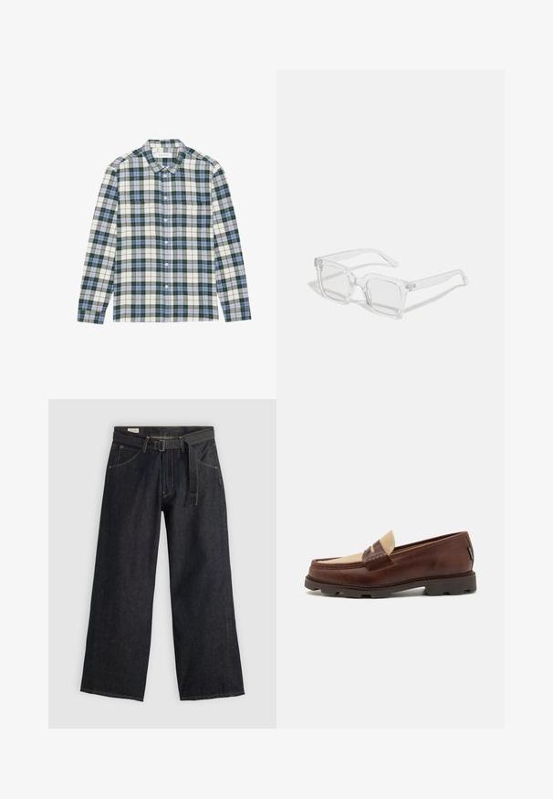 Zeleni in beli karirasti srajc s modrimi poudarki, z ovratnikom na gumbe, dolgimi rokavi in žepom na prsih. Narejena iz mehkega blaga.; Bela bombažna majica z dolgimi rokavi in posadnim izrezom ter rebrastimi manšetami. Preprost, neokrašen dizajn, ki se ponaša z gladko teksturo in standardnim krojem.; Temne jeans hlače širokega kroja z pasom na zadrgo, ki imajo sprednje žepe in kontrastno šivanje. Gladka struktura z brezhibnim dizajnom.; Rjave usnjene loafers čevlje s taupe platnenim dodatkom, šivanim detajlom in teksturiranim gumijastim podplatom, zasnovani za udobje in vzdržljivost.; Jasne pravokotne sončne očala s debelim plastičnim okvirjem, ki imajo nekoliko tonirane leče in brez dodatnih vzorcev ali okrasjev.; Set petih srebrnih prstanov z različnimi oblikami: verižni vzorec, gladek trak, prstan z pikami in odprto delo.